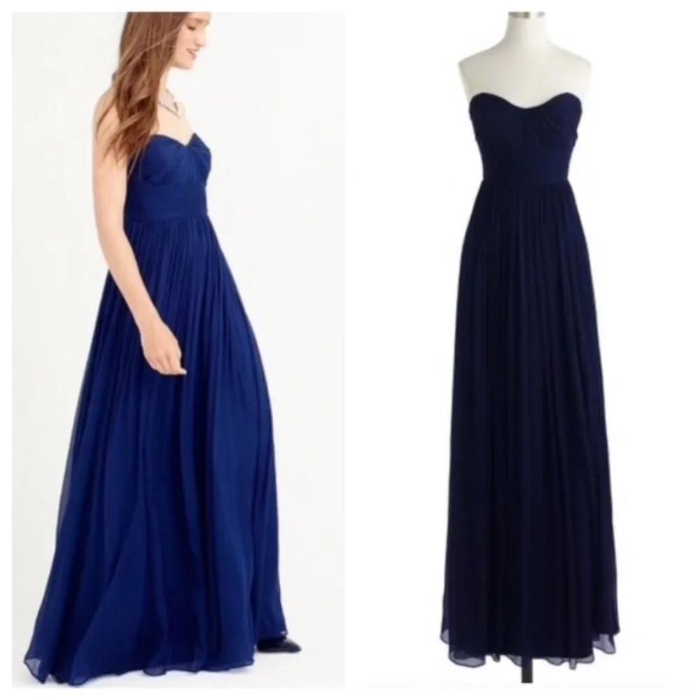 J. Crew Marbella Long Dress 2 2P Navy Silk Chiffon - Picture 1 of 5